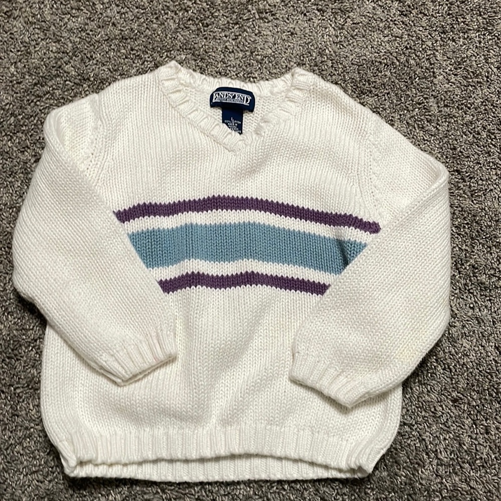 Lands’ End Boys 6X Large sweater 100% Cotton Cream purple blue stripe V‎ Neck